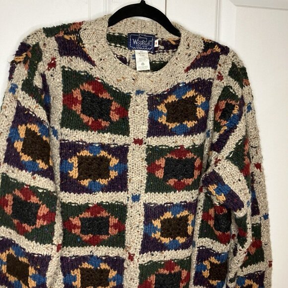 Vintage Woolrich Sweater Womens M Floral Grid Knit Gray Geometric Pullover - Picture 3 of 6